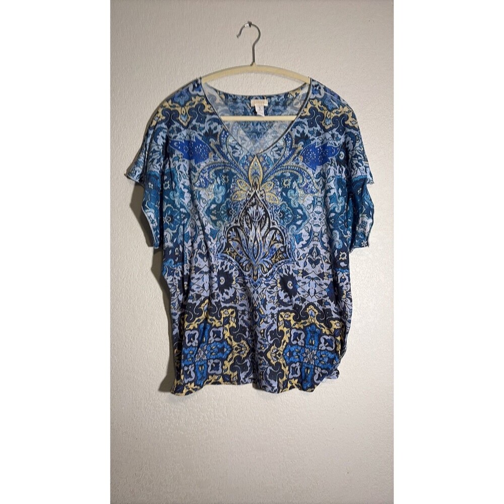 Chico's Blue Paisley Embellished V-Neck Top 3